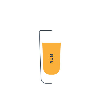 Rum glass in minimalist linear style. Contour of the glassware on left side in form of fine black line. Drink is depicted in form of shape with colored fill. Isolated image on white background