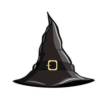Cute pointed black witch hat with gold buckle isolated on a white background. Cartoon vector illustration for Halloween.