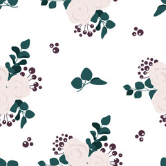 Naklejka na ściany i meble white roses and eucalyptus seamless pattern vector