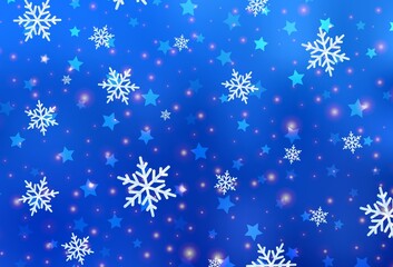 Light BLUE vector texture with colored snowflakes, stars.