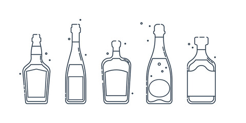 Bottle whiskey wine liquor champagne rum line art in flat style. Restaurant alcoholic illustration for celebration design. Design contour element. Beverage outline icon. Isolated on white backdrop.
