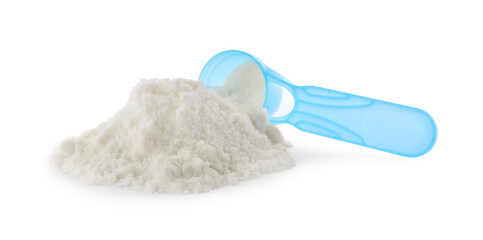 Powdered infant formula and scoop on white background. Baby milk