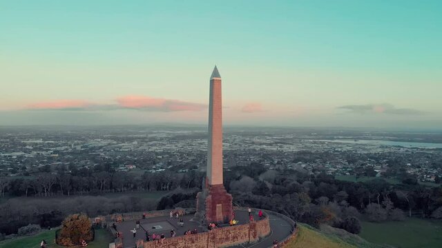 Aerial: One tree hill at sunset, Auckland, New Zealand