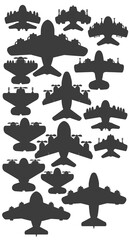 Set of silhouettes of military aircraft. View from above. Isolated on white background. Vector illustration.