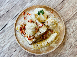 Honey toast with ice cream and banana.