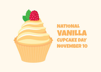 National Vanilla Cupcake Day vector. Creamy vanilla cupcake with raspberry and mint leaf icon vector. Vanilla Cupcake Day Poster, November 10. Important day