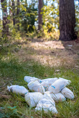 Used dirty diapers on the grass. Ecology, environmental pollution concept.