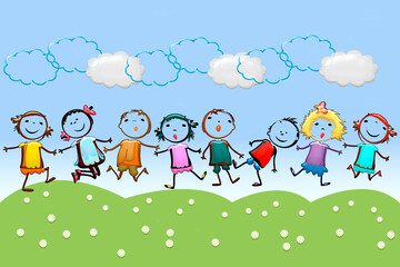 Obraz na płótnie Canvas Happy children on the lawn, light, flowers, joy, baby cards with children