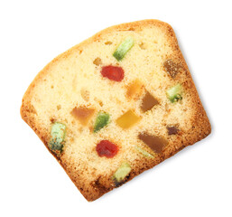 Slice of delicious cake with candied fruits isolated on white, top view