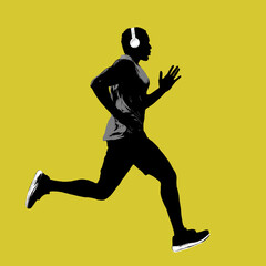 Fototapeta na wymiar Profile side view silhouette of runner man isolated on yellow background. creative sport concept. studio shot.