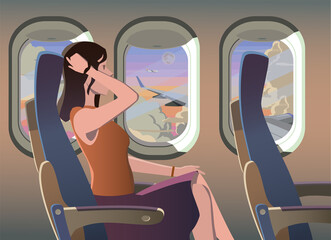 The girl on the plane near the window. Vector.