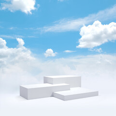 White podium 3D render mock up isolate montage photo with blue sky and softclouds  product display stand abstract background