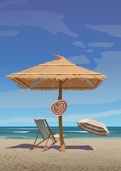 A set of straw umbrella and sun lounger on the sunny beach. Vector.