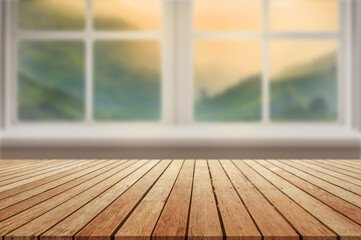 Blurred background of  mountains in the morning time at window and empty wooden table top