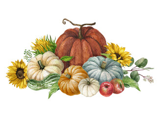 Watercolor Thanksgiving decor.Pumpkin and flower composition, fall harvest,autumn squash,fall border,bouquet,vegetables,country farmhouse garden.Autumn wedding illustration with pumpkin and sunflower