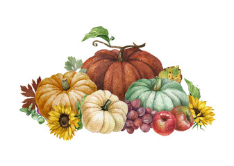 Watercolor Thanksgiving decor.Pumpkin and flower composition, fall harvest,autumn squash,fall border,bouquet,vegetables,country farmhouse garden.Autumn wedding illustration with pumpkin and sunflower