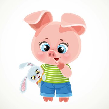 Cute cartoon baby piglet with bunny soft toy isolated on a white background