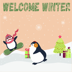Christmas card with the inscription Welcome winter with two penguins, a Christmas tree and gift boxes.