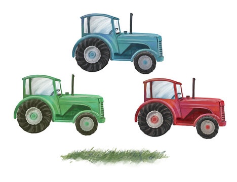 Watercolor drawing of a retro tractor on a white background