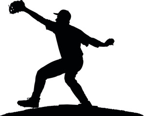 Baseball player, pitcher while throwing ball. Pitcher throwing a ball on pitcher mound. Detailed realistic silhouette