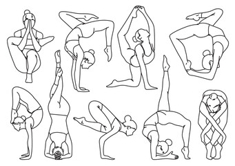 Silhouettes girl practicing yoga stretching exercises hand drawing and sketch