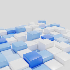 3D rendering. A background of identical cubes with rounded edges in different shades of blue and white. Angle view.