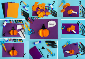 Diy Halloween card with pumpkin on purple background.Gift idea, decor Halloween.Instruction.Step by...