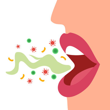 Woman With Bad Breath In Flat Design On White Background. Smelly Mouth With Bacteria Concept Vector Illustration.