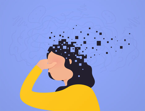 Brain damage. Woman loses part head falling apart, pixels. Concept  psychological health, decreased functions mind.