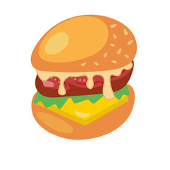 Illustration of a stylized hamburger or cheeseburger. Fast food. Vector for advertising cafes, bars. restaurants. shops. Cartoon flat icon isolated on transparent background.