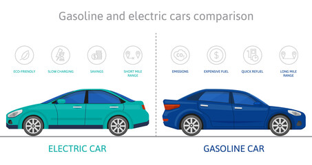 Eco friendly electric cars and gasoline car comparison. Electric auto environment protection advantage vector illustration set. Gasoline, electro car comparison infographic