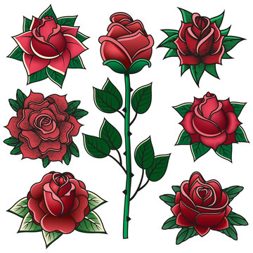 Vintage engraving roses old school tattoo symbols. Old tattoo school rose flowers elements isolated vector illustration set. Vintage rose tattoos