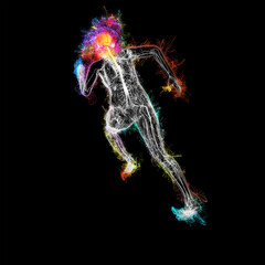 Anatomy, human body with dynamic glowing energy field, female in a strong running position, fresh ideas from the brain in neon glowing colors, rainbow, 3d illustration