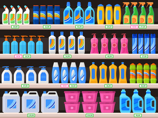 Household supplies, chemical detergent bottles on supermarket shelves. Detergents, cleaning powder, antibacterial soap vector Illustration. Shelves with household chemicals