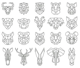 Polygonal geometric linear animal fox, deer, bear portraits. Animals heads, owl, lion, zebra and monkey triangular portraits vector illustration set. Low poly animal face