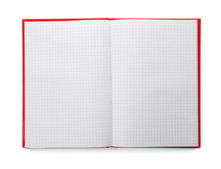 Stylish open notebook with blank sheets isolated on white, top view