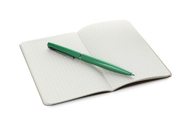 Stylish open notebook with blank sheets and pen isolated on white