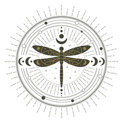 Magical witchcraft dragonfly insect mystical spell circle. Witchcraft magic spell circle, mystical dragonfly symbol vector illustration. Abstract witchcraft circle - obrazy, fototapety, plakaty