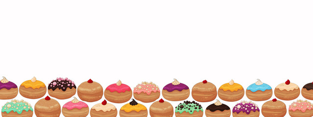 Hanukkah donuts background. Jewish trditional Hanukkah sweets border. Doughnuts banner. Sufganiyot donuts isolated on blue backdrop. Happy Hanukkah food frame. Jewish holiday. Sufganiyot background.