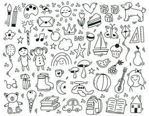 Cute childish kindergarten hand drawn doodle elements. Funny hand drawn children learn and play vector symbols set. Doodle baby icons © WinWin