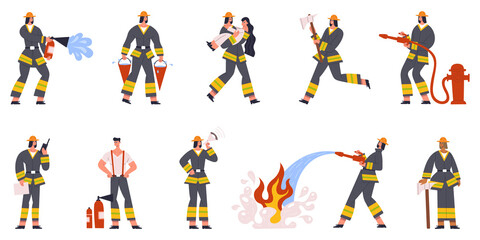 Fototapeta na wymiar Firefighter characters emergency service watering fire and save people. Firefighting emergency situations vector illustration set. Firefighters in action poses