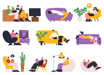 People resting, sleeping, reading books on comfy sofa. Young women and men relaxing, spending time on sofa or cozy couch vector illustration set. Characters relaxing at home