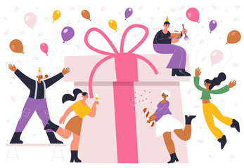 Birthday party holiday celebrating people and huge gift box. Your joyful celebrating people with confetti and balloons vector illustration. Happy Birthday party celebrating