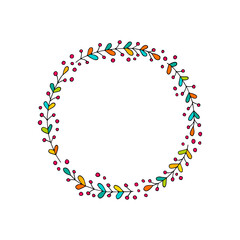 A wreath of branches and berries. Round frame from plants. Summer. Spring. Colorful leaves. Autumn. Vector. Doodle. Hand-drawn illustration.