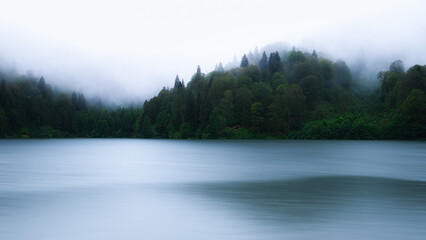 Morning on the lake, Blue lake foggy morning, Foggy mountain blue lake, Misty foggy mountains