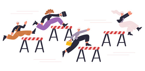 Business people professional corporate competition challenge metaphor. Office characters competing hurdle race vector illustration. Employees steeplechase metaphor competition