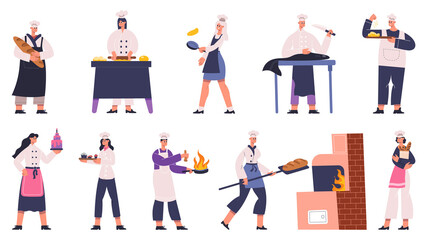 Professional restaurant chefs characters cooking tasty dishes. Culinary chef preparing food in traditional white uniform vector Illustration set. Restaurant chefs characters