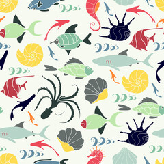Cute seamless underwater texture design. Fishes, shellfishes, octopuses, sea horse. Hand drawn cartoon style. Vector illustration