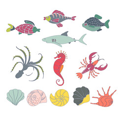 Set of various marine creatures. Hand drawing sea animals, shells, fish, sea horse, shark,octopus,clam. Colorful vector illustration. Isolated on white.