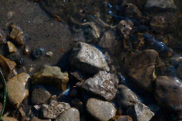 fuzzy background of stones on the sand and clear water